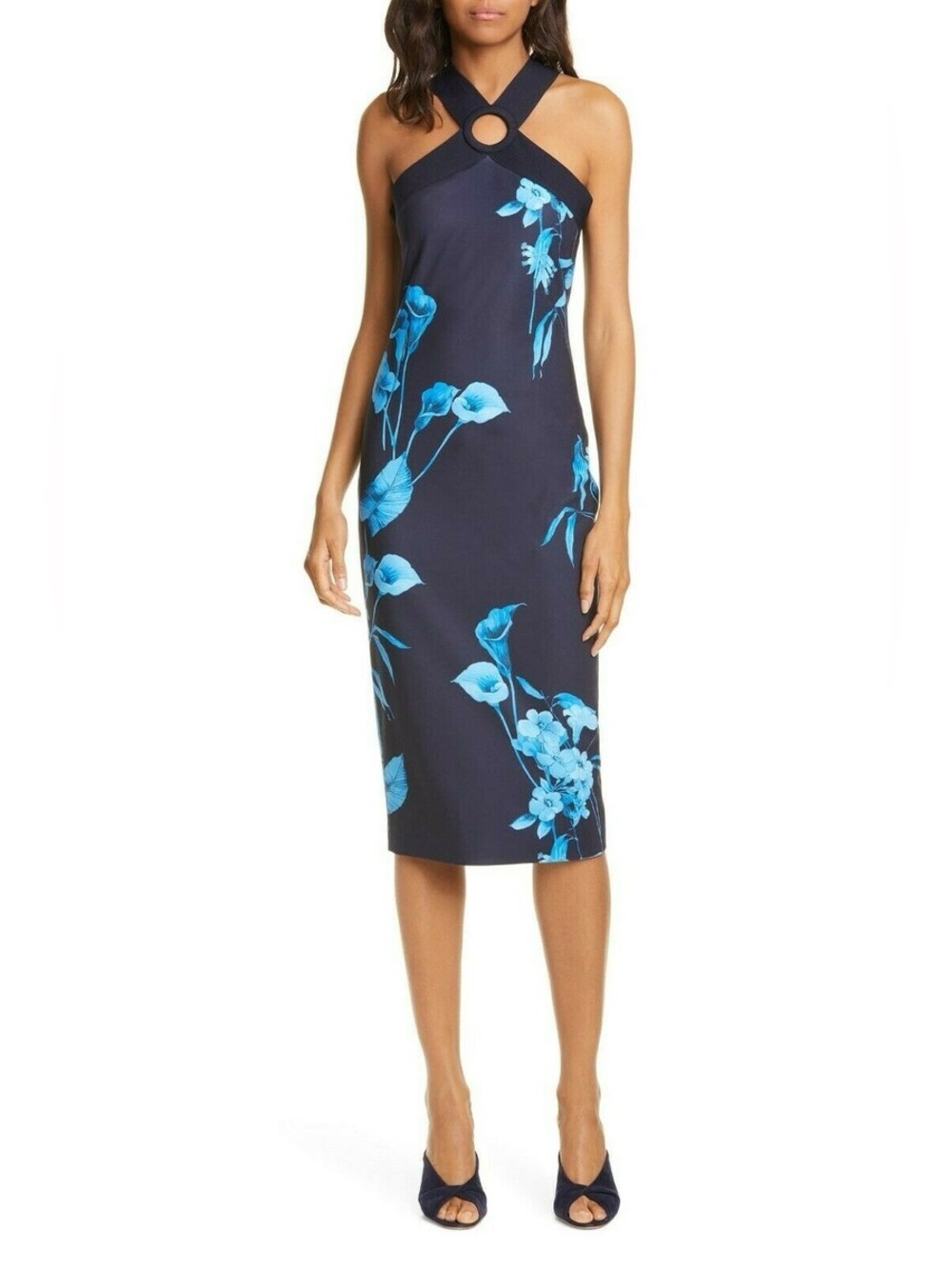 Ted Baker London Blue Floral Cosiima Fantasia Halter Bodycon Midi Dress 4 Luxury
